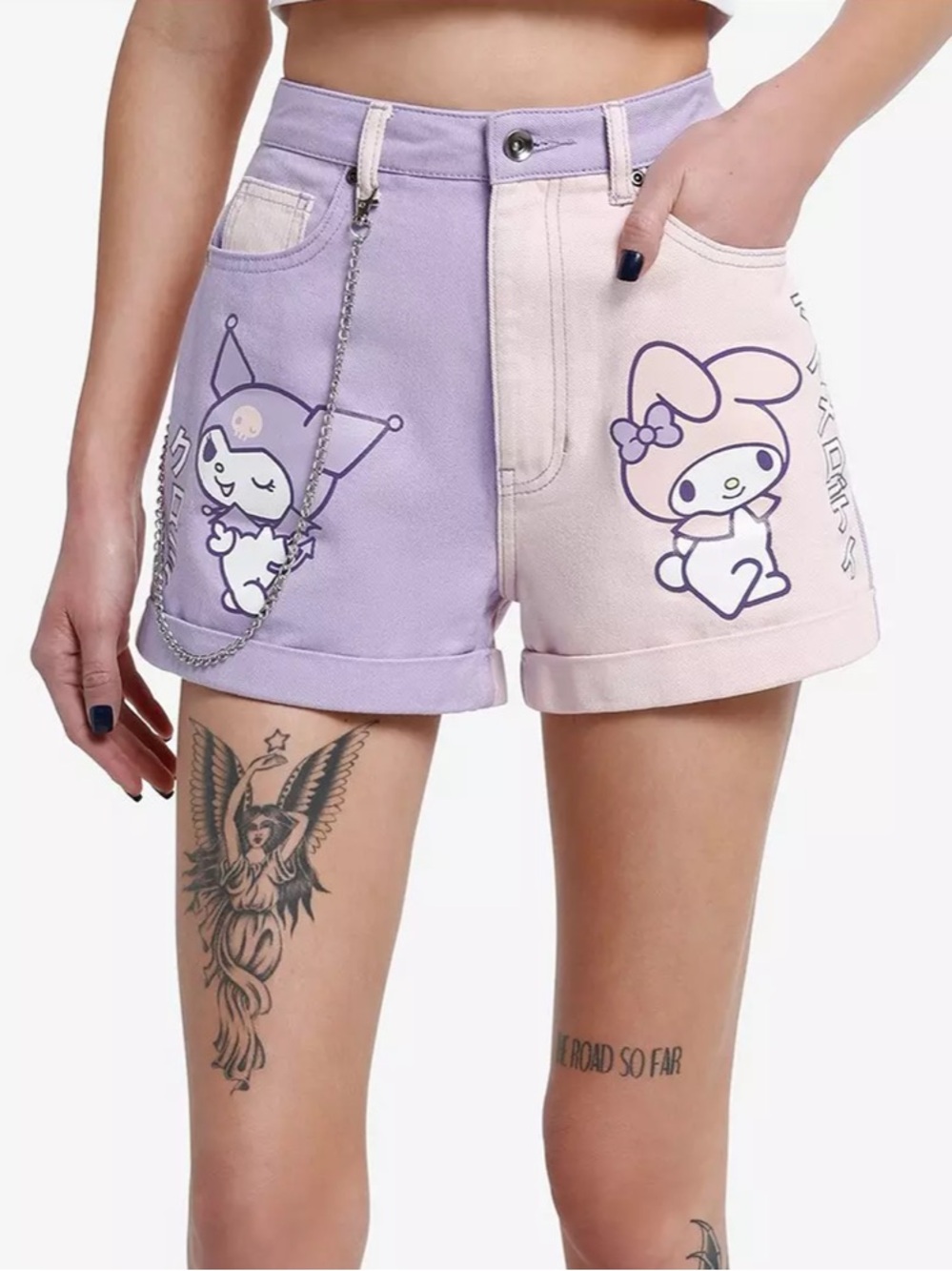 My Melody Kuromi womens Cartoon Patch High-Waist Women’s Denim Shorts